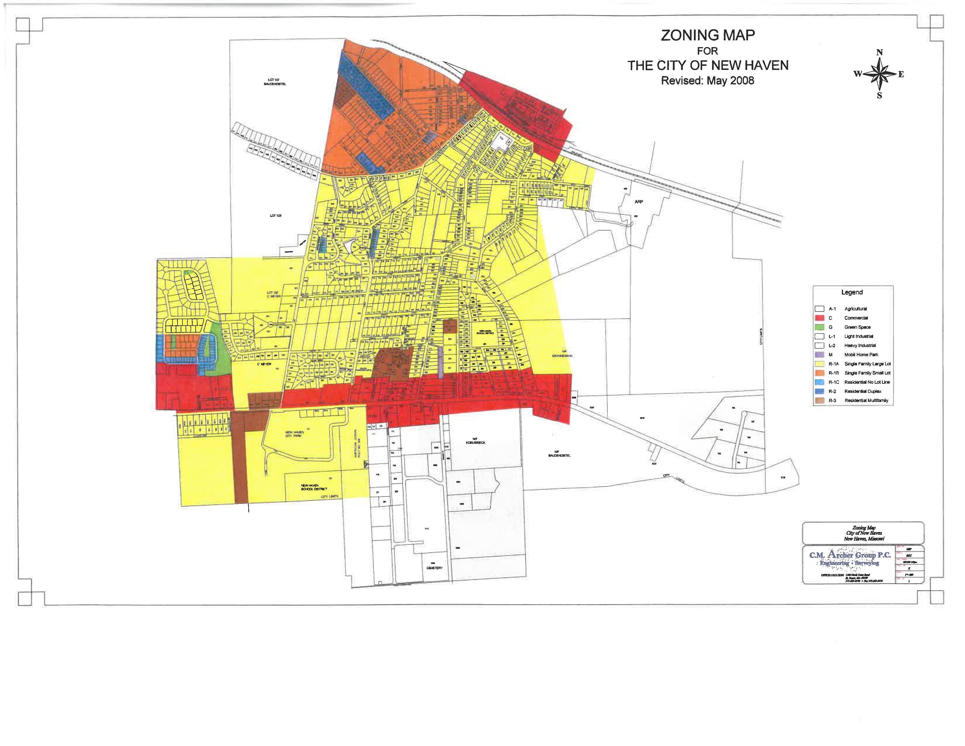 Zoning map of the City of New Haven, revised May 2008, with color-coded zoning districts and legend.